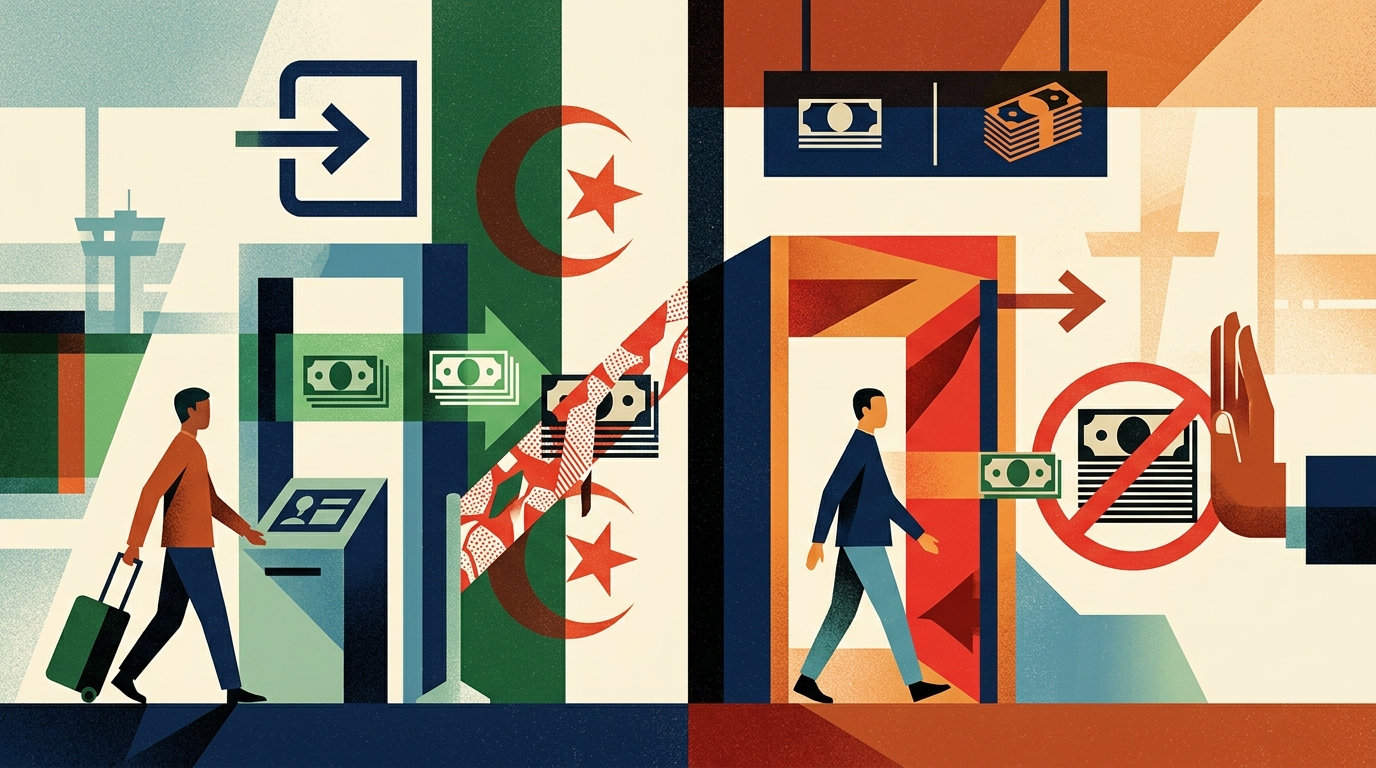 Passport, cash and travel documents illustrating currency limits and customs rules for Algeria