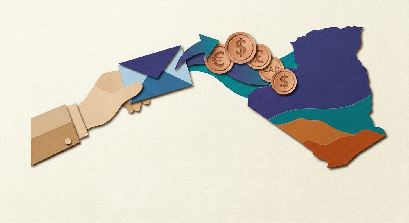 Illustration of an international money transfer to Algeria with euro, dollar, pound and Canadian dollar coins